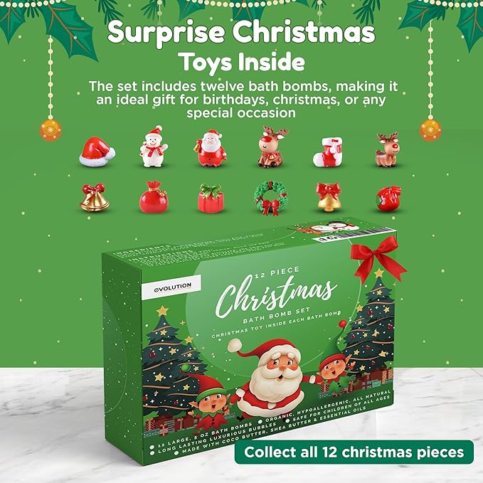 EvolutionUSA - Christmas Bath Bombs for Kids, Holiday Bath Bombs with Surprise Inside, Perfect Christmas Stocking Stuffers or Festive Holiday Bathombs Set, Natural & Hypoallergenic Bath Ball Set