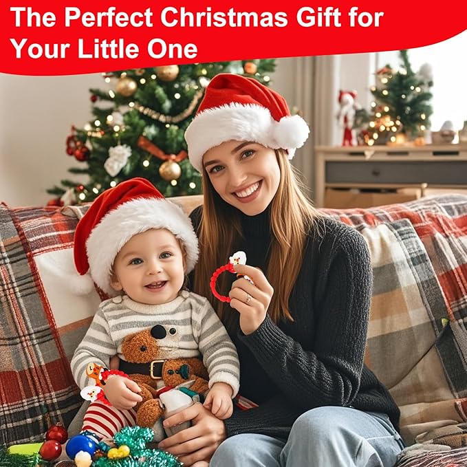 Christmas Baby Teething Ring Toys – Santa Claus & Reindeer Teethers for Newborns, Infants & Toddlers – Sensory Chew Bracelet for Teething Relief – Perfect Baby’s First Christmas Stocking Stuffers