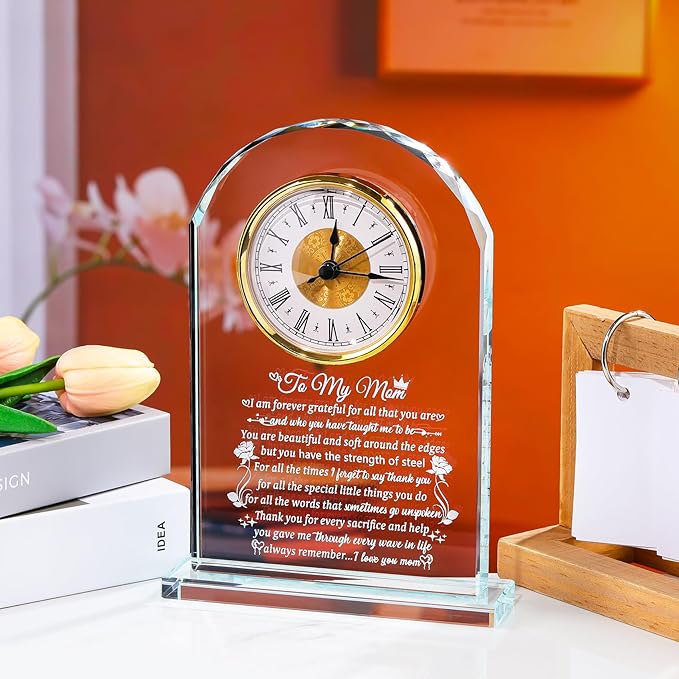 Crystal Desk Clock Gifts for Mom from Daughter Son Birthday Mother's Day I Love You Presents for Mommy Home Christmas Keepsakes for Her Table Decor