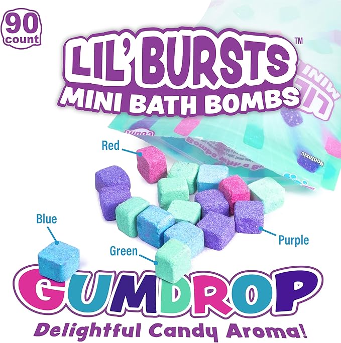 Lil' Bursts Mini Bath Bombs for Kids, 90 Count, Gumdrop | Nontoxic | Tiny With A Burst of Color, Foam & Bubbles | Customize Bath With Fun Colors | Create Bath Art
