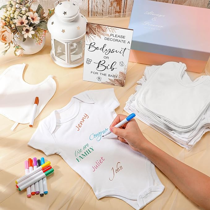 Roowest 35 Pcs Baby Shower Bibs Games Design Wooden Baby Shower Party Game Sign DIY Bodysuit Sign 15 White Blank Feeder Bibs 9 Newborn Bodysuit 10 Markers for Boys Girls(Boho)
