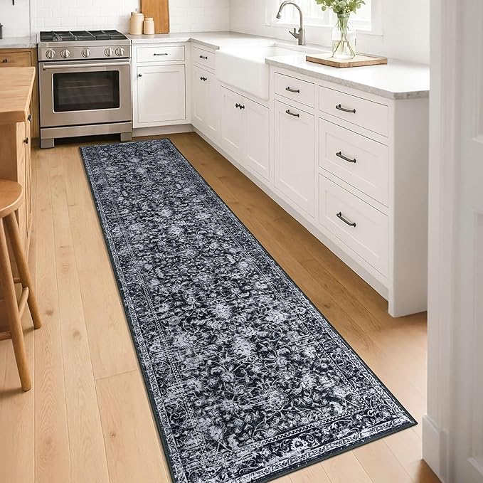 KILOCOCO Hallway Runner 2x8 Rug Runner Printed Vintage Floral Washable Kitchen Runners Non-Slip Rubber Backed Runners for Hallways Distressed Thin Soft Rugs for Entryway Laundry Room, Black/White
