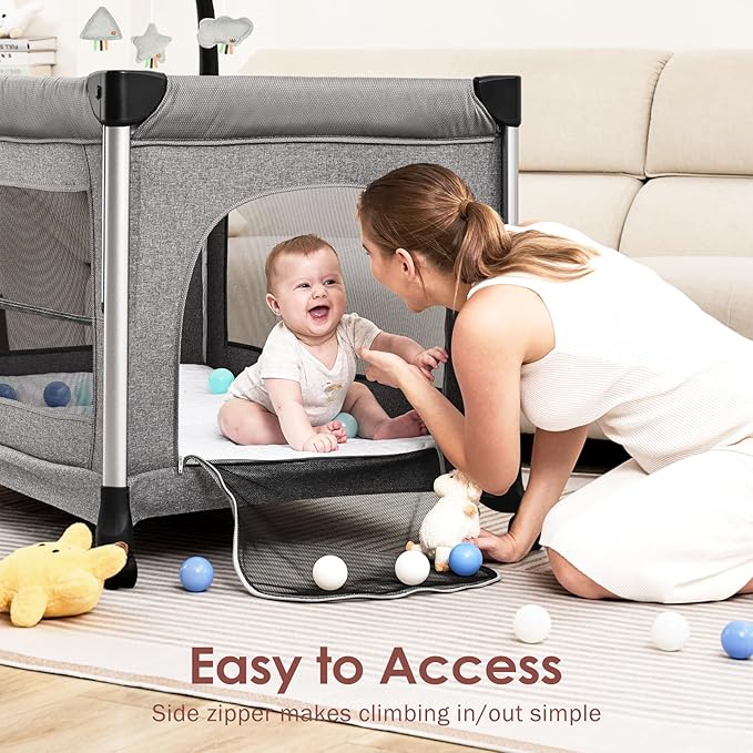 Extra Large Pack and Play with Mattress - One-Push Setup Playard - Baby Bassinet Bedside Crib with Diaper Changer & Storage Bag from Newborn to Toddler (Grey)