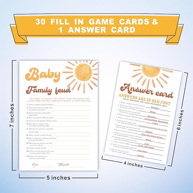 Baby Family Feud Game Set For Baby Shower - Watercolor Sunshine - 30 Double-Sided Fill In Style Game Cards With Answer Cards, Gender Reveal, Baby Announcement, Party Favor & Supplies - B04