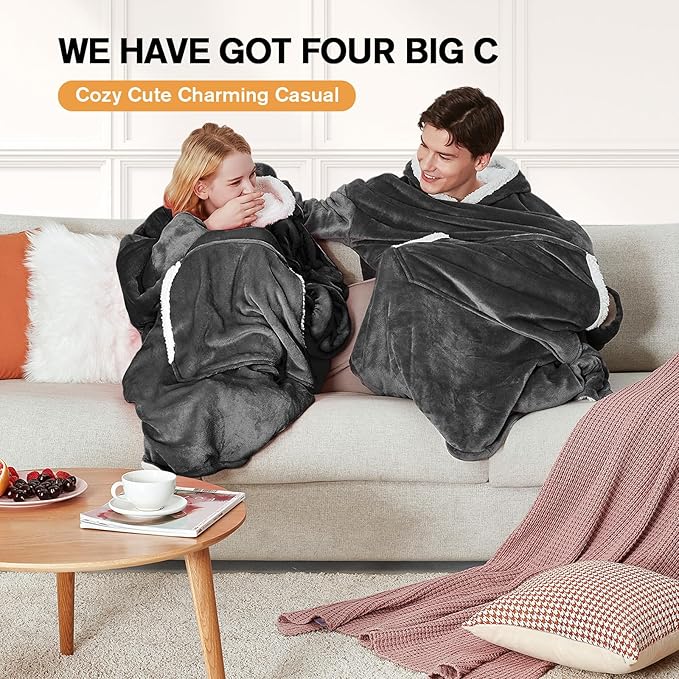 yescool Wearable Blanket Hoodie - Birthday Christmas Gifts for Women Mom Girlfriend, Oversized Flannel Sherpa Cozy Hooded Blanket Sweatshirt Adult With Hood Pocket & Sleeves, One Size Fits All (Grey)