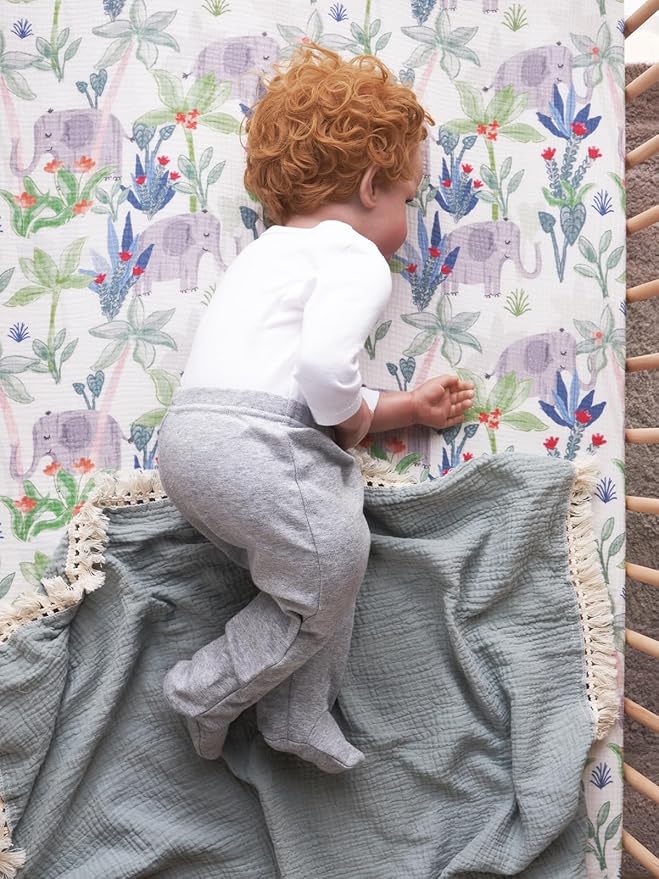 TILLYOU Muslin Crib Sheets for Boys and Girls 2 Pack, Neutral Soft Cotton Baby Crib Mattress Protector, for 52x 28 Toddler Bed, Rainforest Elephant & Grey