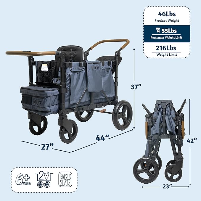Keenz XC EVO - Luxury 2 Passenger Stroller Wagon for Kids | Foldable 2 Passenger Quad Seater with Adjustable Canopy | Steel Blue