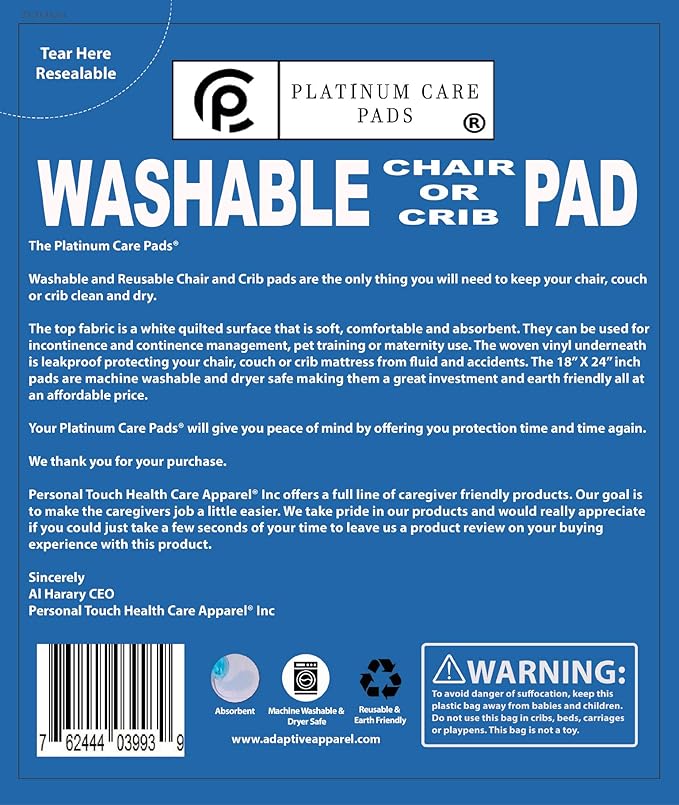 Platinum Care Pads™ Washable Bed Pads/Chair Pads for Incontinence - Size 18x24 - Pack of 4