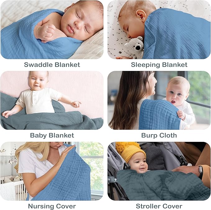 Organic Cotton Muslin Baby Blanket - 47x47 Inch Breathable Swaddle, Hypoallergenic Double-Layer, Versatile Use (Slate/Aquarius, 47x47 Inch)