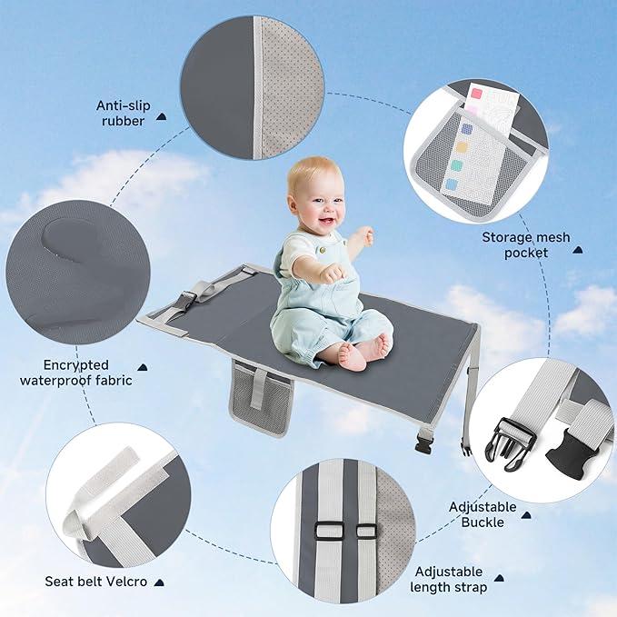 Toddler Airplane Bed, Portable Airplane Seat Extender for Kids, Durable Oxford Cloth – Waterproof and Easy to Clean, Flight Accessories for Toddlers Aged 1–4, Carry-On Compatible, Grey