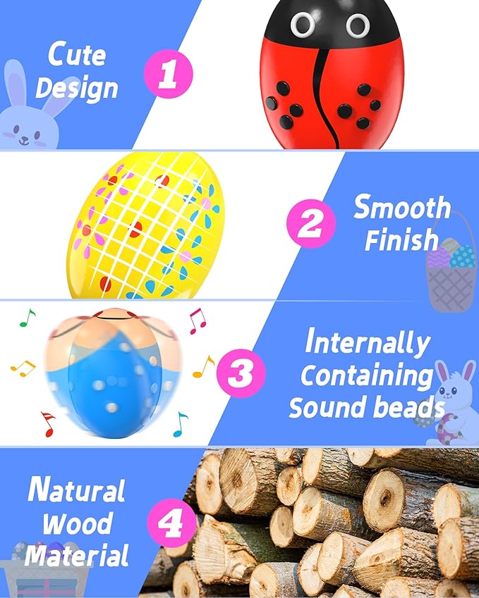 12 Pack Wooden Percussion Musical Shaker, Toddlers Stocking Stuffers 1 2 3 Year Old, Baby Christmas Stocking Easter Basket Stuffers Egg Fillers Easter Gifts Montessori Toys for Kids Boys Girls