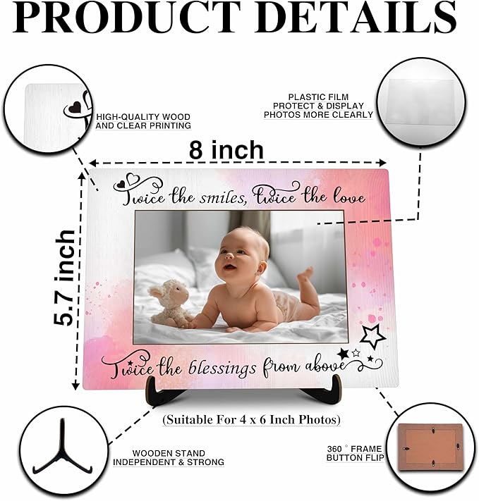 Twins Baby Pictures Frame, Watercolor Baby Photo Frame with Stand, Twins Gifts for Babies, New Baby Gifts For New Mom Dad, Home Living Room Bedroom Decoration -a73