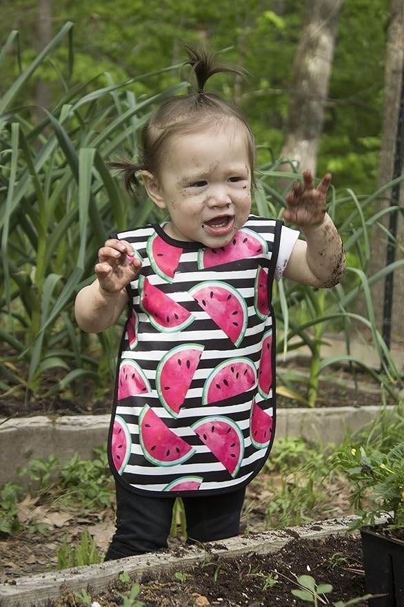 BapronBaby Watermelon Stripes Bapron - No Neck Tie Safer Bib for Baby & Toddler - Soft Waterproof Stain Resistant - Machine Washable - Sz Baby/Toddler 6m-3T