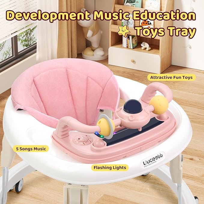 Baby Walker with Wheels,Music and Lights Baby Walker for Boys Girls 6-12 Months,Foldable Baby Walkers and Activity Center,Toddler Infant Walker with 7-Speed Height Adjustment,Detachable Plate,Pink