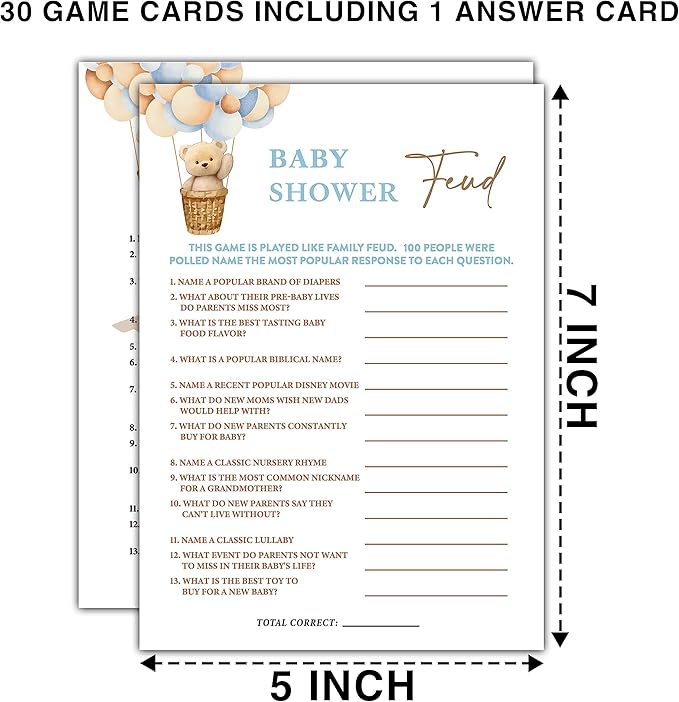 YSTEP We Can Bearly Wait Baby Shower Games, 30 Baby Shower Feud Game Cards with 1 Answer Card, We Can Bearly Wait Gender Reveal Party Supplies Favors (5"x7") - E07