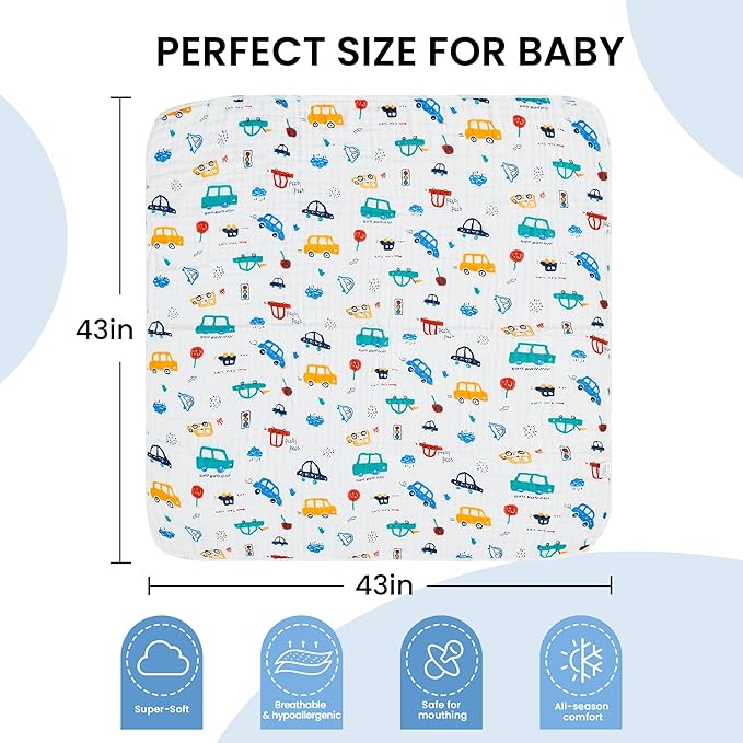 Luxury Muslin Baby Blanket, Cozy Swaddle, 6-Layer Cotton Receiving Blanket for Newborn Infant, 43x43 Inch Lightweight Breathable Crib Blanket, Nursery Stroller Toddler Quilt, Car Family