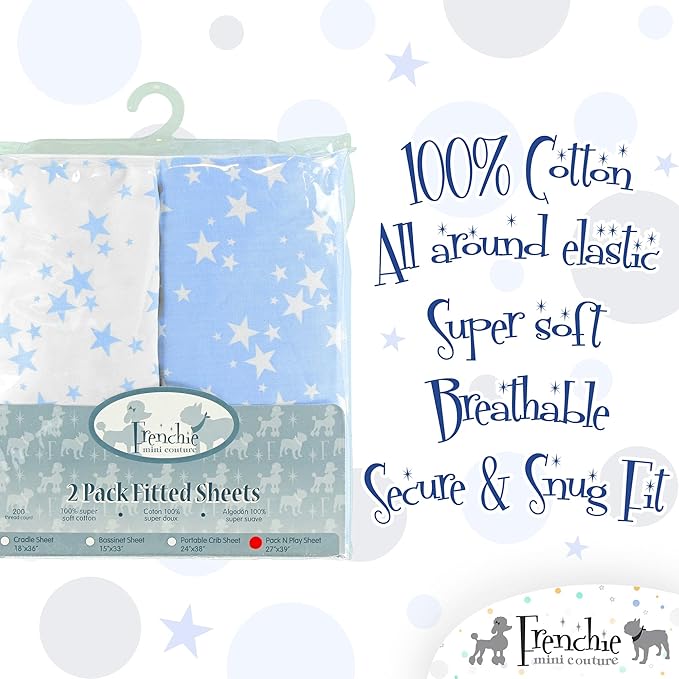 Fitted Pack n Play Sheets,100% Cotton Standard Mattress, Blue Stars, 27 x 39in, 2-Pack
