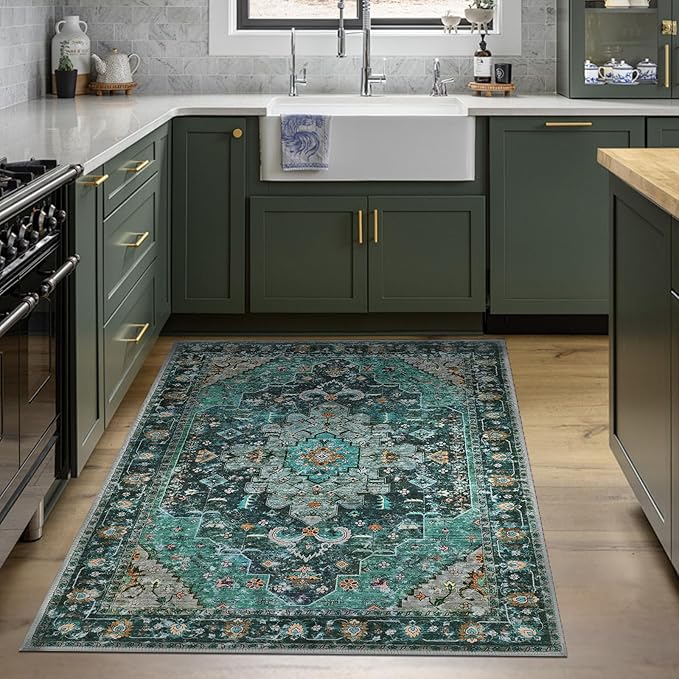 Ciicool Washable Area Rug 3’x5’ Teal Boho Bedroom Rug Non-Slip Oriental Entry Throw Low-Pile Indoor Floor Carpet for Living Room Laundry Foyer Decor(Teal/Multi)