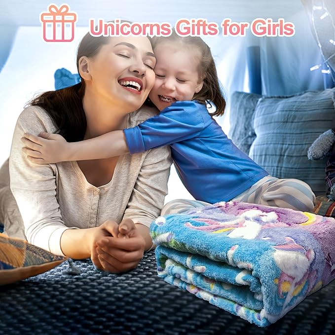 Unicorn Glow in The Dark Kids Blanket, Soft Fleece Throw 50"x60" for Girls & Boys, Ages 3-12