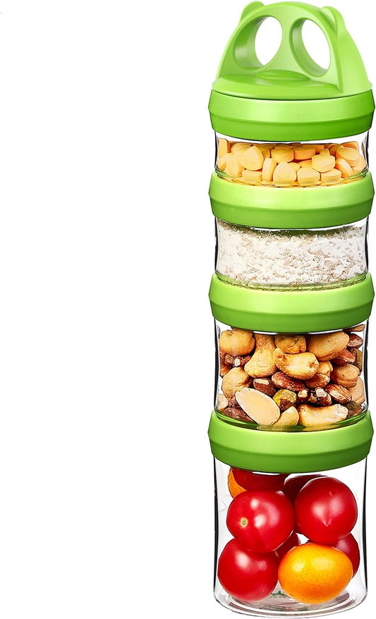 SELEWARE Portable Stackable Food Storage Containers for Snacks Formula Powder and Drinks Twist Lock System Airtight Leak-proof BPA and Phthalate Free 4 Piece Jars 31oz Green