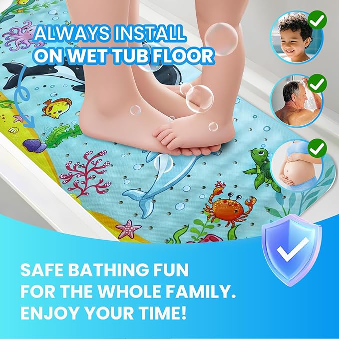 Linoows Baby Bath Tub Mat, 40 x 16 Inch Extra Large Non Slip Kids Cartoon Bathtub Shower Mats with Suction Cups & Drain Holes, Machine Washable for Bathroom, Undersea Whale & Dolphin