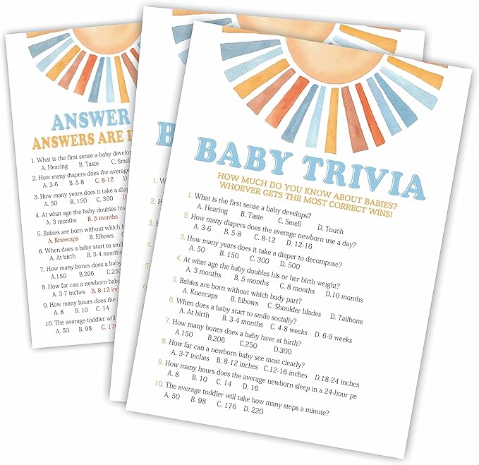 Sunshine Baby Trivia Shower Game Kit - Retro Here Comes The Sun - 30 Fill In Game Cards & 1 Answer Card For Baby Shower, Gender Reveal Party Favor, Activity & Supplies - A07