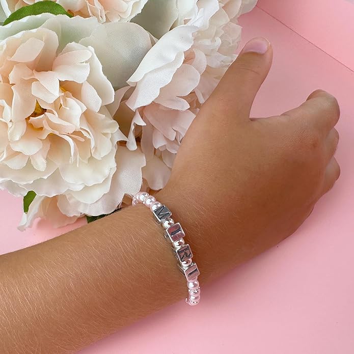 Sterling Silver Initial Bracelet, Silver Beads and Alphabet letters with your Name, Birthday Girl Bracelets for Girls Baptism Gifts, Personalized Birthday Gifts