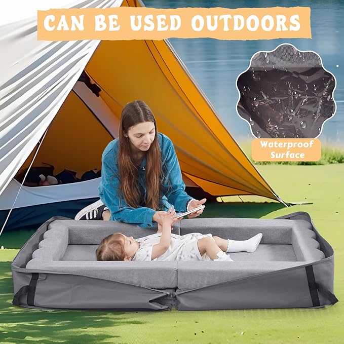 Portable Toddler Travel Bed|3-in-1 Foldable Floor Bed with Waterproof Handbag,High-Density Foam Sofa Chair for Kids,Collapsible Baby Camping Napmat,Indoor and Outdoor,Gray