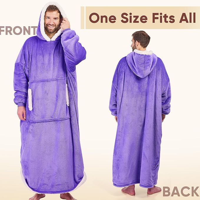 yescool Wearable Blanket Hoodie, Flannel Sherpa Fleece Blanket Sweatshirt for Adults Women Men, Big Plush Cozy Hooded Blanket with Hood, Pocket & Sleeves, Oversized, One Size Fits All (Purple)