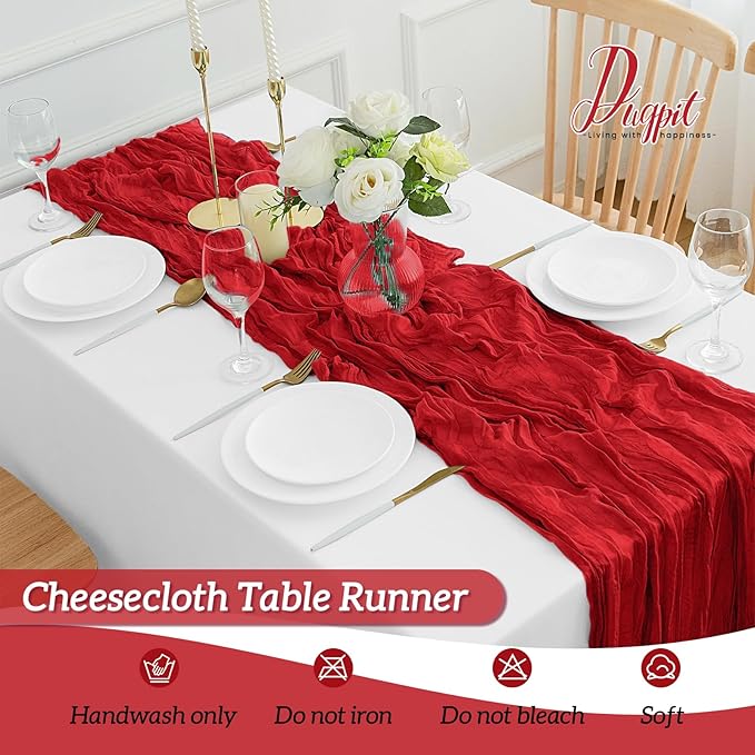 12Pack Red Table Runner 35 x 120 inch Cheesecloth Table Runner 10FT Boho Table Runners Rustic Gauze Cheese Cloth Table Runners for Party Wedding Birthday Dining Bridal Shower Baby Shower Decor