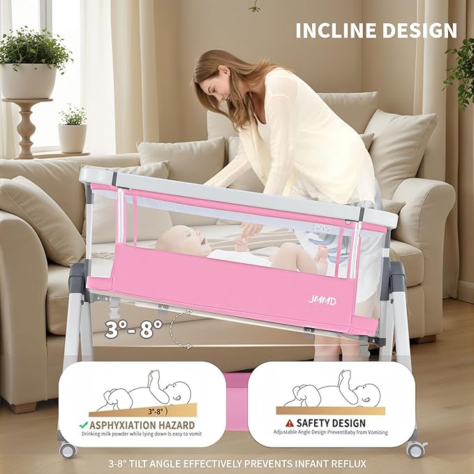 JMMD Baby Bassinet Bedside Sleeper, 3 in1 Baby Bassinet with 6 Levels Height Adjustable Side Sleeper Foldable and Portable Bedside Sleeper for Baby (Pink)