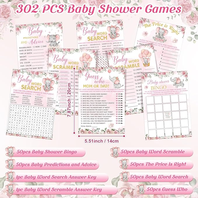 Jetec 302 Pcs Theme Baby Shower Games, 6 Games, 50 Sheets Each, Baby Shower Bingo, Baby Word Scramble, Baby Word Search, Baby Predictions and Advice, The Price is Right, Guess Who (Pink Elephant)