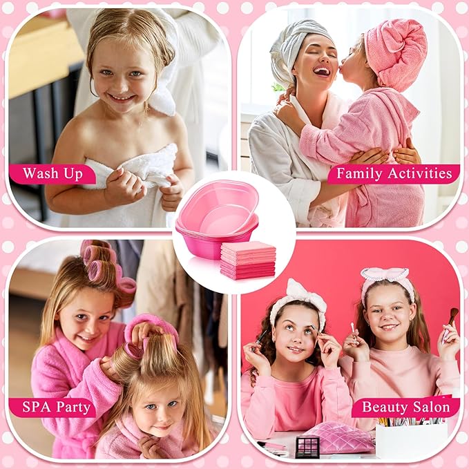 Patelai 6 Sets Kids Foot Spa Kit for Girl 12 x 12 x 4.3 Inch Foot Tub 14 x 30 Inch Hand Towels Washbasin Towels for Spa Party Sleepover Party Supplies (Pink, Rose Red)