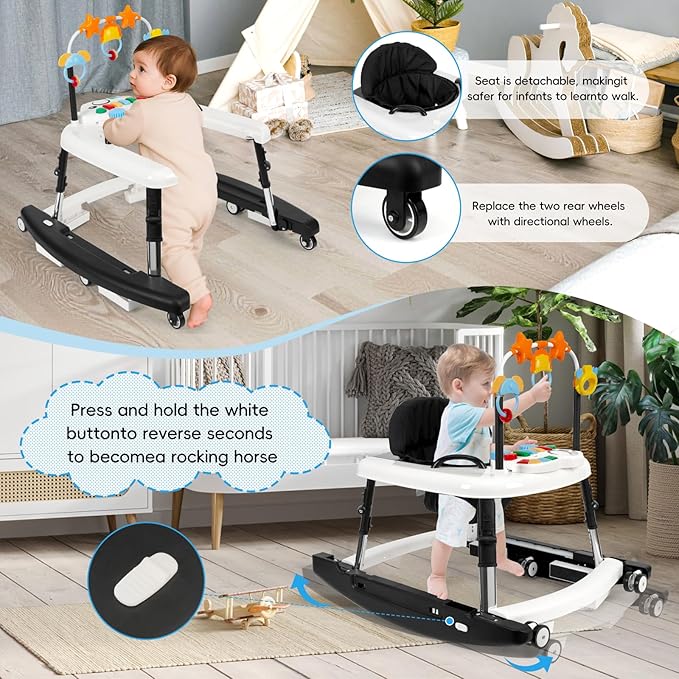 5-in-1 Music and Lights Baby Walker Foldable with 5 Adjustable Heights, Baby Walker with Wheels and Bouncer Combo Portable, Infant Toddler Walker for Baby Boy Girls 6-18 Months