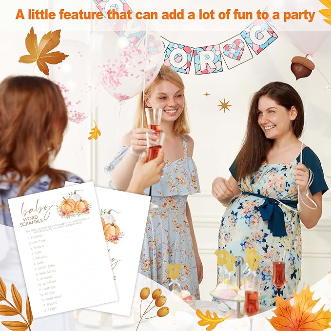Baby Shower Games, Thanksgiving Baby Word Scramble + 1 Answer Card, 25 Sets Baby Gender Reveal Party Decorations Supplies - E07
