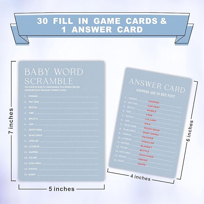 Minimalism Baby Shower Game Kits - Mist Blue - Family Feud - 30 Fill In Game Cards & 1 Answer Card, Party Favor, Gender Reveal, Announcement - A05