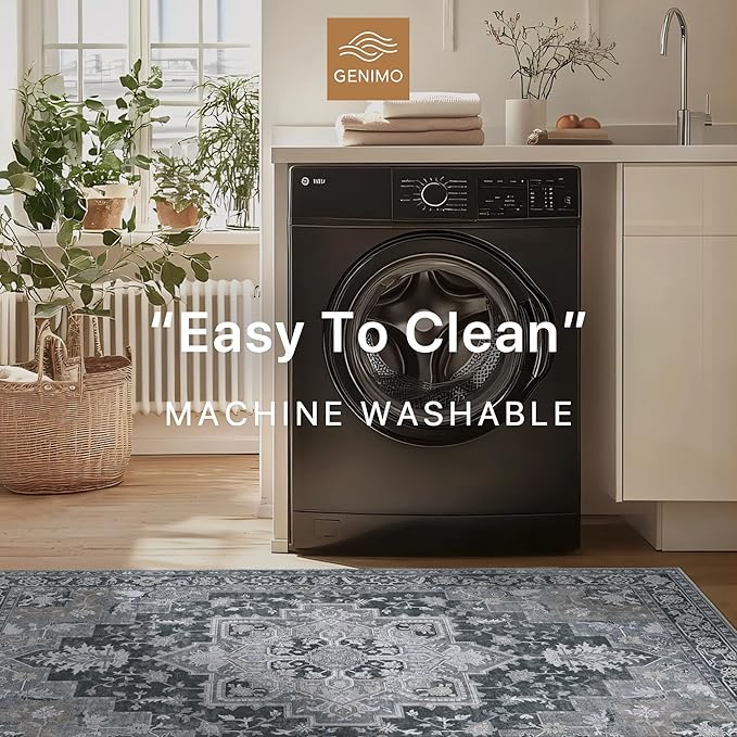 GENIMO 9x12 Area Rugs for Living Room, Machine Washable Non Slip Vintage Rugs, Low Pile Lightweight Chenille Print Rug for Bedroom, Dining Room, Home Office,Dark Gray