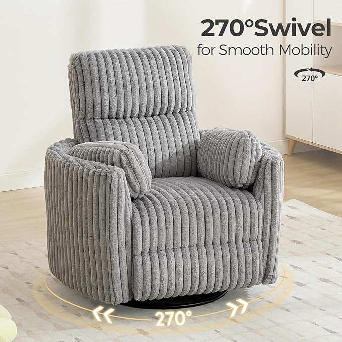 Power Swivel Glider Rocking Recliner Nursery Chair with 2 Pillows, Electric Rocker Reclining Chairs with Type-C & USB Charger Port for Living Room, High Back Barrel Armchair for Bedroom,Corduroy, Grey