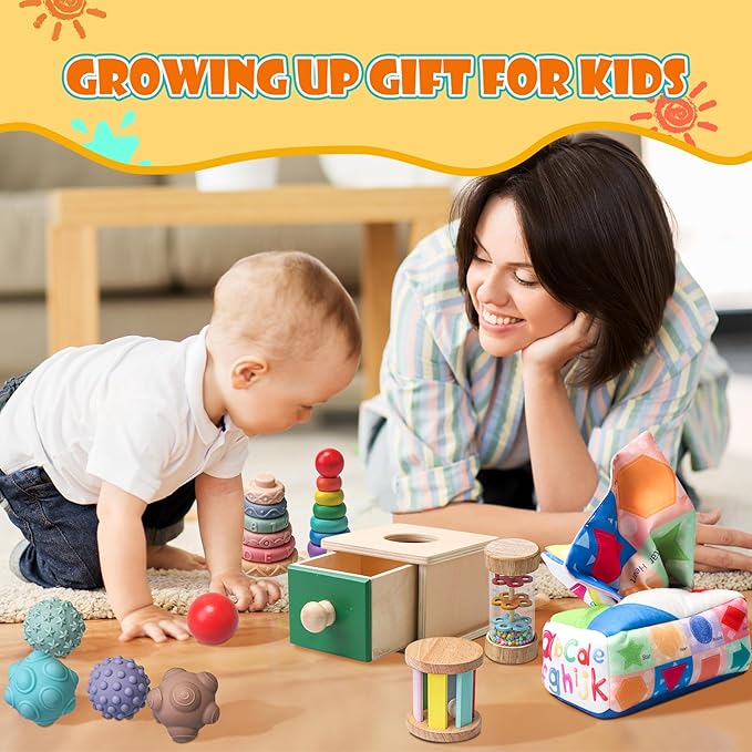 Montessori Toys for Babies 6-12 Months,1 Year Old,8 in 1 Learning Educational Set Wooden Sensory Toys for Baby Toys 12-18 Months (Includes Tissue Box Toy,Rainmaker and More)