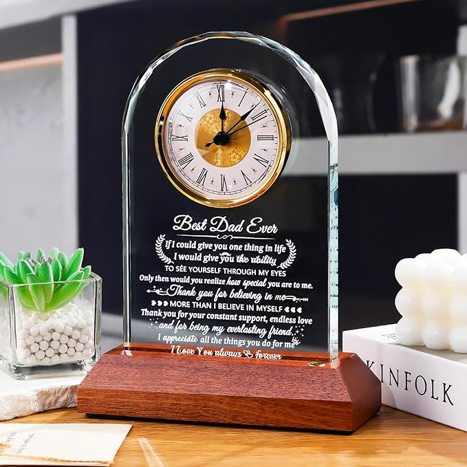 Glass Clock Gifts for Dad From Son Daughter with Wooden Light Base, Personalized I Love You Gift for Dad Who Has Everything on Birthday Father's Day, Presents for Daddy on Christmas Home Desk Clock