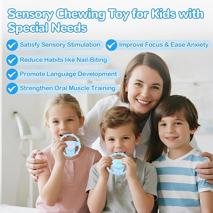 Vibrating Teething Toy with 3D Multi-Texture, Food-Grade Silicone Sensory Chew Toy for Autism Kids and Baby 3-18 Months, Baby Teething Ring for Teething Relief, Deep Blue