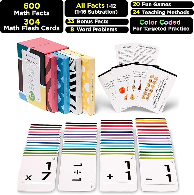 Award-Winning Math Flash Cards Set: 600 Facts for Addition, Subtraction, Multiplication & Division - 10 Fun Learning Games - Perfect for Kids Ages 5-10, Grades 1-6 - Gift-Ready & Teacher-Approved
