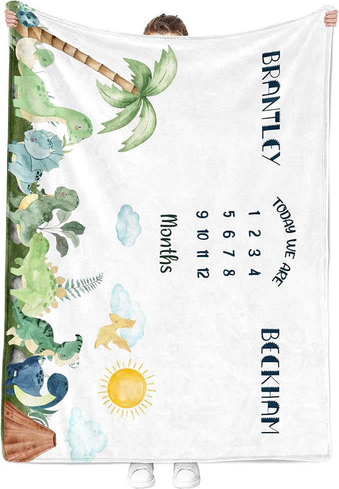 MDPrints Twin Milestone Baby Blanket, Custom Monthly Blankets for Twins Boys and Girls, Customized Gifts with Name (Twin Dinosaur TM29)