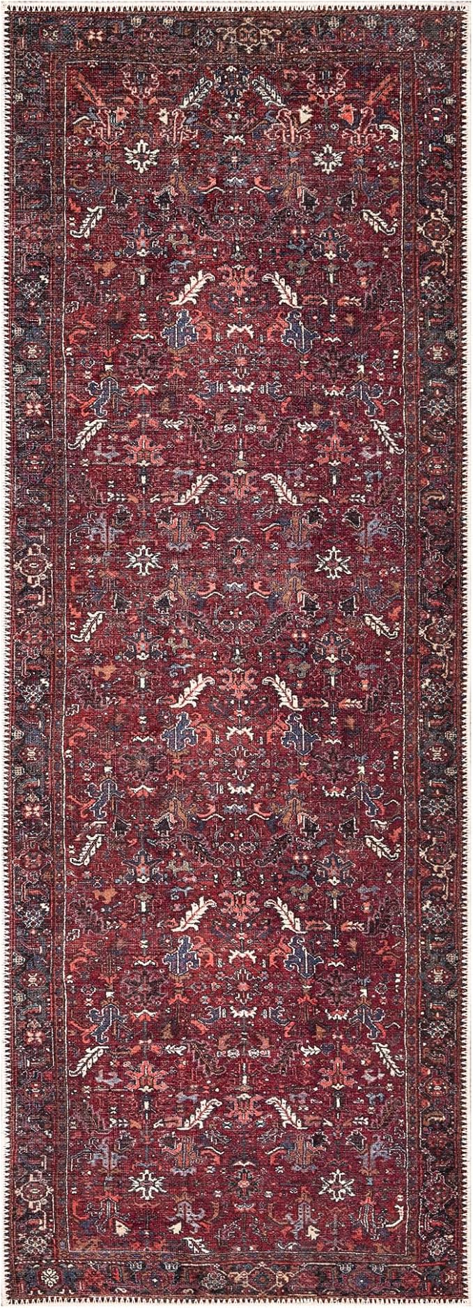 Bloom Rugs Washable Non-Slip 7 ft Runner - Burgundy Traditional Bordered Runner for Entryway, Hallway, Bathroom, and Kitchen - Exact Size: 2.5' x 7'