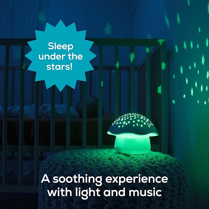 Angelcare Celeste Musical Mushroom Night Light Baby Projector - Sleep Soother with Adjustable Volume Lullabies, White Noises, 3 Night Light Colors, and Cry Sensor Detector