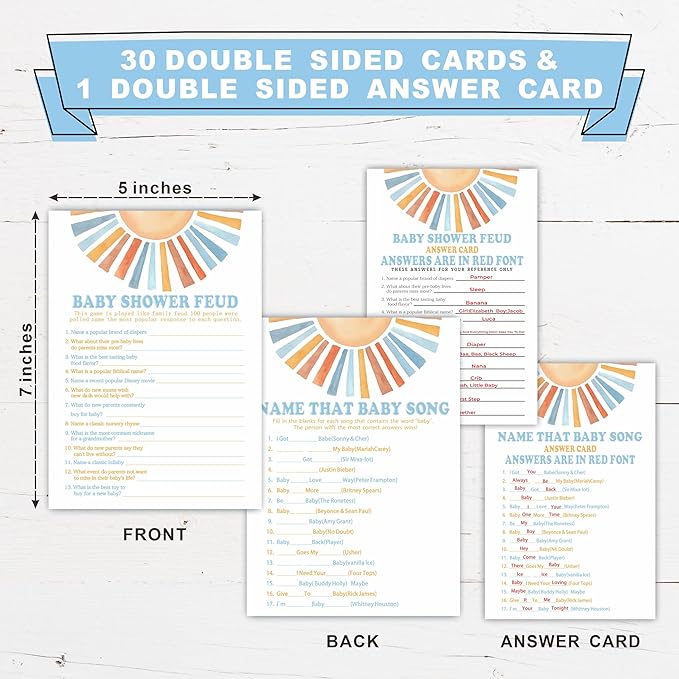 Baby Shower Feud & Name That Baby Song Theme Baby Shower Game Activities-Game Cards For Boys & Girls-30 Retro Sunshine Game Cards & 1 Answer Card-Baby Shower Party Supplies & Decorations-A05