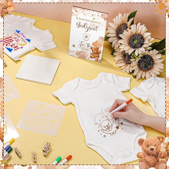Panitay 126 Pcs Baby Shower DIY Bodysuit Set Rustic Kraft Baby Shower Game Sign DIY Bib 25 Blank White Newborn Bodysuit 25 Stencils 24 Marker 1 Sign 50 Pins for Gender Reveal(Bear)