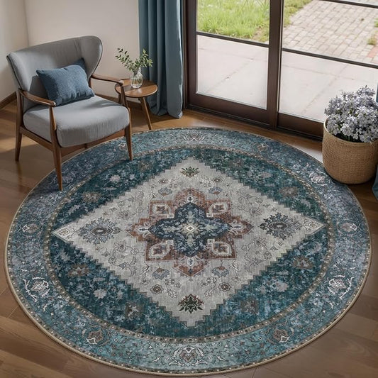 Ciicool Boho 5x5ft Round Area Rug Washable Bedroom Rug Non-Slip Oriental Entryway Throw Rug Low-Pile Indoor Circle Carpet for Dining Room