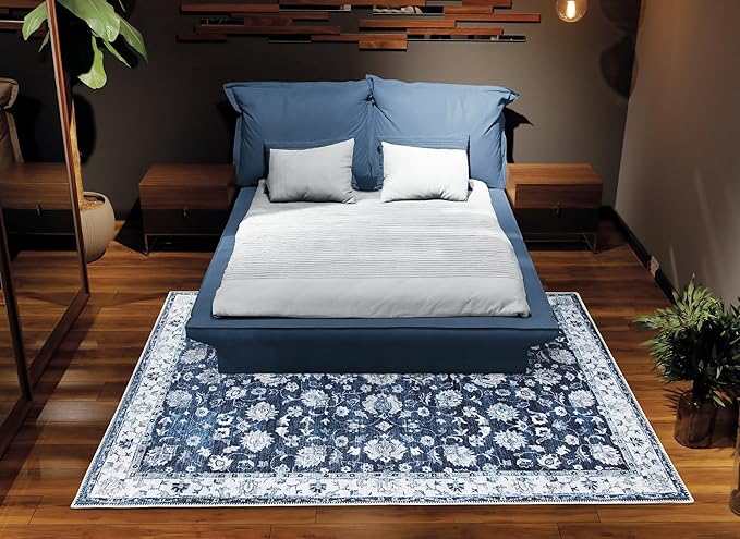 Bloom Rugs Washable Non-Slip 3' x 5' Rug - Dark Blue Traditional Bordered Area Rug for Living Room, Bedroom, Dining Room, and Kitchen - Exact Size: 3' x 5'