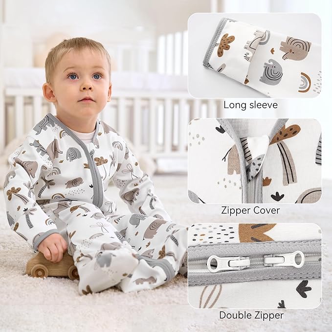 Baby Sleep Sack 18-24 Months, Long Sleeve Baby Wearable Blanket 0.5 Tog with Mittens, 2-Way Zipper Toddler Cotton Sleeping Sack for Boy and Girl Grey Elephant 2 Pack(XLarge)